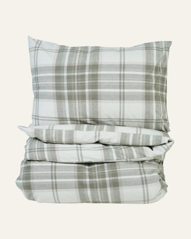 Garnfarget flanell sengesett olivengrønn - 140x220 cm/50x70 cm olivengrønn - 1